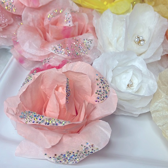 WATERCOLORED PAPER ROSES SWAROVSKI CRYSTALS GIFT PACKAGE, DECOR, STICKABLE - Picture 1 of 16